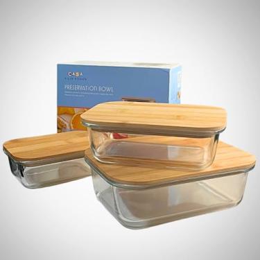 Imagem de Conjunto de 3 Potes de Vidro Borossalicato Hermético com Tampa de Bambu Kit Recipientes para Armazenamento de Alimentos com Vedação em Silicone Travessas Refrátarias Linha Premium
