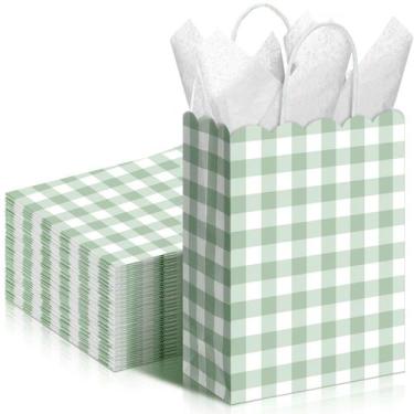 Imagem de Sacos de presente Kolldenn Sage Green Gingham Kraft Paper 24 unidades