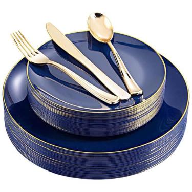 Imagem de Pratos de plástico YOUBET Blue com borda dourada 125 unidades para 25 