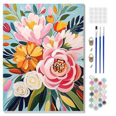 Imagem de DOMROM Kit de pintura emoldurada por números para adultos iniciantes com cavalete de madeira, kit de pintura de flores de plantas DIY por número em tela, kits de pintura a óleo DIY para decoração de