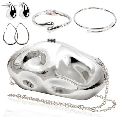 Imagem de Conjunto de bolsa clutch prateada para mulheres - 5 peças de bolsa metálica para noite com pulseiras e brincos bolsas de acrílico para uso formal, Prata, C