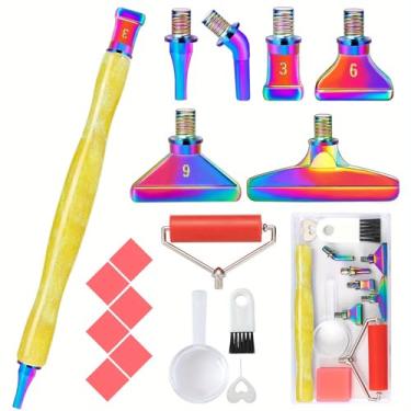 Imagem de Conjunto de ferramentas de acessórios de pintura de diamante em pó com glitter, caneta de pintura de diamante com rolo e 6 peças de pontas de rosca de metal para brocas quadradas e redondas (amarelo +