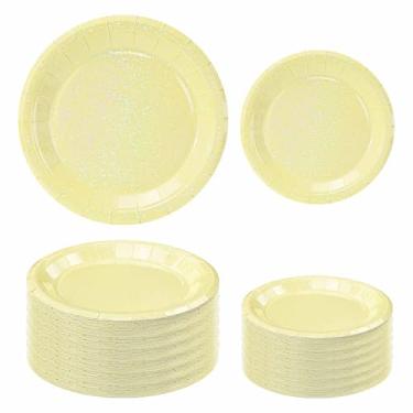 Imagem de FALIZIFU 50 peças de pratos amarelos iridescentes de 65 × 19 cm e 65 × 23 cm pratos amarelos descartáveis para chá de bebê, festa de aniversário, prato de sobremesa descartável