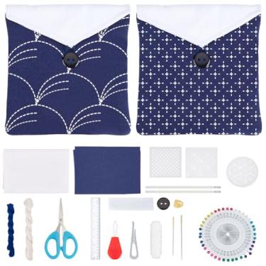 Imagem de WEBEEDY 2 conjuntos de kit de bolsa de bordado DIY Sashiko para iniciantes, kit de fabricação de bolsas de bordado com modelo Sashiko, agulhas, linha para mulheres, bolsa de moedas faça você mesmo