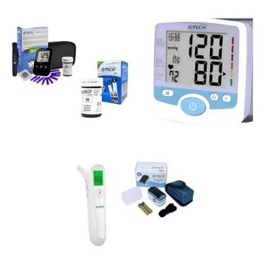 Imagem de Kit Saúde G-tech: Termômetro + Aparelho Pressão 1 Medidor Glicose + Sa