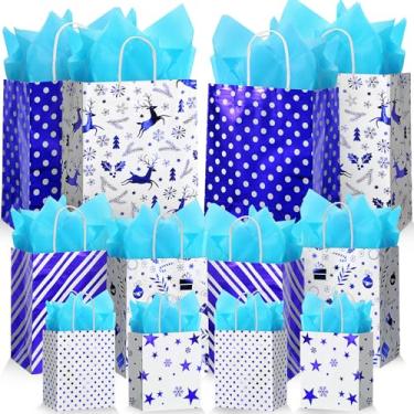 Imagem de Humyoun Pacote com 12 sacos de presente de Natal a granel tamanhos variados sacos de papel para embrulho 6 pequenos 16,5 cm, 6 médios 24,4 cm, 6 grandes 33 cm com papel de seda para aniversários, chás