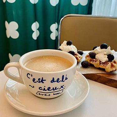 Imagem de Ins Conjunto de xícaras e pires coreanos fofos canecas de cerâmica com letra simples criativo retrô escritório chá leite água sorvete xícara presente