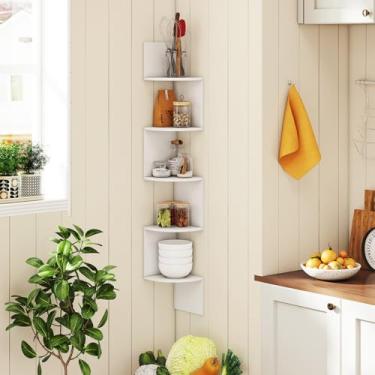 Imagem de HOMGX Prateleira de canto montada na parede, estante flutuante de 5 andares, prateleira de exibição de plantas que economiza espaço para sala de estar, quarto, escritório em casa (branca)