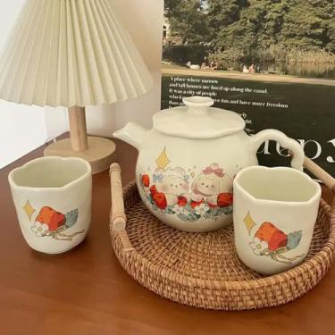 Imagem de Conjunto de bule de chá (1 pote 4 xícaras) bonito louça de cerâmica pote de água pote de água fria pote de café de desenho animado bule de chá