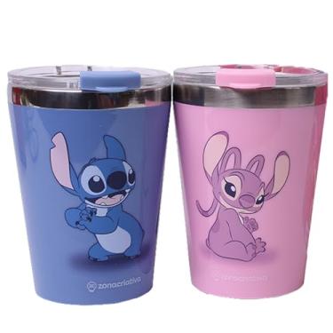 Imagem de Zonacriativa – KIT Copos SNAP Stitch & Angel 300ml | Compacto,Térmico em Aço Inóx Dupla Camada,Tampa Rosqueável,Leve sua Bebida em Espaços Pequenos,Bebida Gelada Por Mais Tempo,Para Casais e Amigas