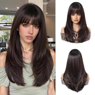 Imagem de Esmee Peruca longa lisa marrom para mulheres com franja peruca de cabelo sintético natural ombré para uso diário e festa