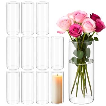 Imagem de Pacote com 12 vasos cilíndricos de vidro para centros de mesa – Vaso de flores de 20 cm de altura para decorações de casamento, castiçal flutuante a granel, castiçais de vidro para prateleira de mesa