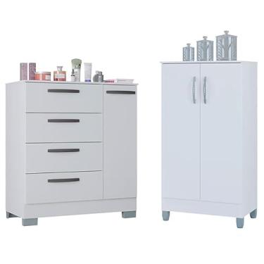 Imagem de Cômoda 868 4 Gavetas e 1 Porta com Armário Multiuso 2 Portas Pequeno Branco Brilho - Poquema