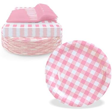 Imagem de WYQJHKV Serve 35 convidados, artigos de festa guingão rosa incluem pratos e guardanapos de papel de sobremesa rosa descartáveis de 17 cm para casamento, chá de bebê, festa de aniversário (105 peças)