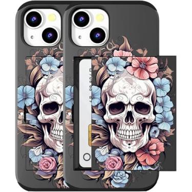 Imagem de MUQR Capa compatível com iPhone 15 com porta-cartão fofo - Design Kawaii, proteção contra quedas de nível militar, capa carteira robusta para mulheres (caveira preta floral)