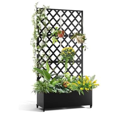 Imagem de Caixa de plantador de metal, com treliça de diamante, para plantas trepadeiras e trepadeiras, canteiro de jardim elevado galvanizado sobre rodas, cama de jardim com treliça (183 cm x 119 cm preto)