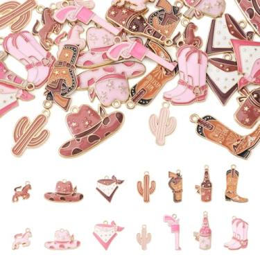 Imagem de Boutigem 28 peças de pingentes de caubói ocidentais rosa marrom cacto garrafa de vinho cachecol arma cavalo chapéu cowboy bota pingentes esmaltados vaqueira metal pingentes pendentes para brincos DIY
