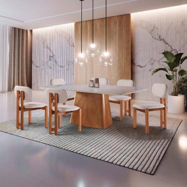 Imagem de Conjunto Sala de Jantar 6 Lugares Lotus - Mesa e Cadeiras Orgânicas Madeira Maciça Linho
