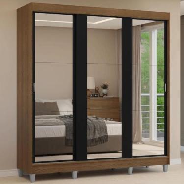 Imagem de Guarda-Roupa Casal com Pés 3 Portas de Correr de Espelho Rustic/Preto 