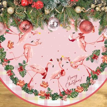 Imagem de Saia de árvore de Natal flamingo rosa tropical costeira havaiana decoração de árvore de Natal flamingo ano novo decorações de Natal para festa em casa
