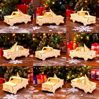 Imagem de 6 peças de decoração de mesa de caminhão de Natal de madeira, enfeites de mesa festivos para casa e festa, conjunto de decoração de Natal cortado a laser