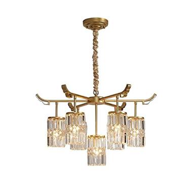 Imagem de Lustre de cristal de luxo de meados do século, luminária de teto para sala de estar, moderno, com 7 pingentes de latão e cristal, com cúpula de vidro, acabamento dourado, 70 x 43 cm (28 x 17