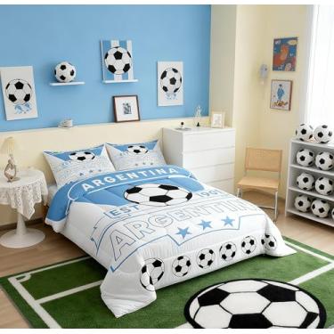 Imagem de Feelyou Jogo de cama de solteiro, com tema de futebol americano, para crianças, meninos, Argentina, futebol, adolescentes, azul, branco, conjunto de edredom com 2 peças