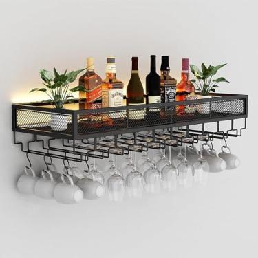 Imagem de Prateleiras flutuantes de bar rack de vinho montado na parede rack de vidro de vinho invertido suporte multifuncional para garrafa de ferro suporte de cálice suspenso com luzes (preto 80 x 35 cm)
