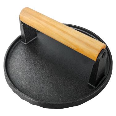 Imagem de FCCUM Prensa de hambúrguer, esmagador de hambúrguer de ferro fundido pré-temperado, ferramenta de prensa de carne de bacon resistente de 900 g com cabo de madeira, 17 cm