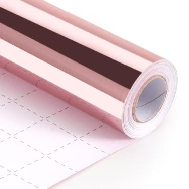 Imagem de Papel de embrulho rosa, papel brilhante metálico de cor sólida de 43 cm x 10 m, rolo de papel de embrulho rosa com linhas de corte de grade para casamento, dia das mães, dia dos namorados, Natal, chá