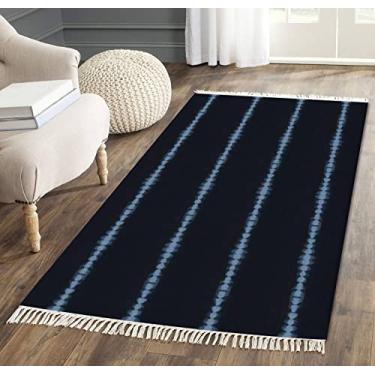 Imagem de Tapete de área com borlas quebrado listrado fino Shibori Tie Dye textura azul índigo tecido branqueado franja tapete de chão tapete de pátio corredor tapete minimalista decoração de casa sala de estar