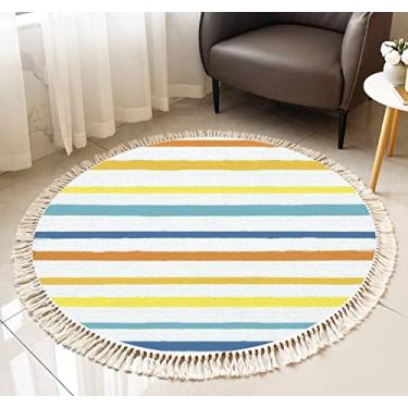 Imagem de Tapete redondo com franja brilhante de verão listras coloridas sem costura traços desenhados grunge boho tapete de linho tecido à mão pátio corredor tapete decoração de casa sala de estar mesa de