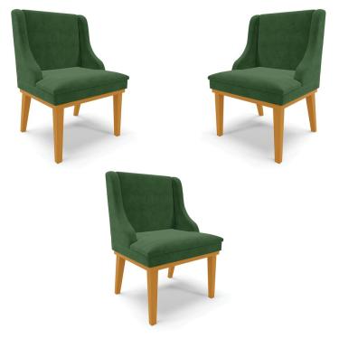 Imagem de Kit 3 Cadeiras Decorativas Sala de Jantar Base Fixa de Madeira Firenze Suede Verde/Castanho G19 - Gran Belo
