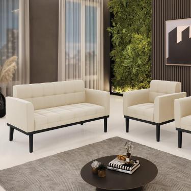 Imagem de Conjunto Poltrona e Namoradeira Decorativa Karen Pés Fixo em Madeira Preto Suede Bege G19 - Gran Belo