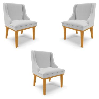 Imagem de Kit 3 Cadeiras Decorativas Sala de Jantar Base Fixa de Madeira Firenze Linho Cinza/Castanho G19 - Gran Belo
