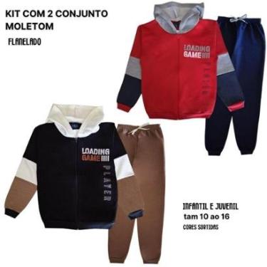 Imagem de 2 Conjuntos Moletom Juvenil Masculino Blusa Calça Flanelado capuz ziper Roupa infantil menino-Masculino