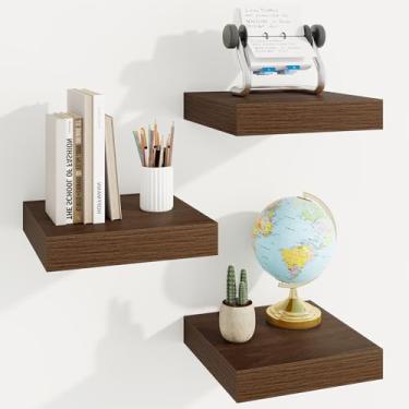 Imagem de Prateleiras quadradas flutuantes para parede, 25 cm L x 25 cm P x 3 cm A, 3 pacotes de pequenas prateleiras de madeira projetadas montadas na parede com suportes invisíveis para sala de estar, quarto