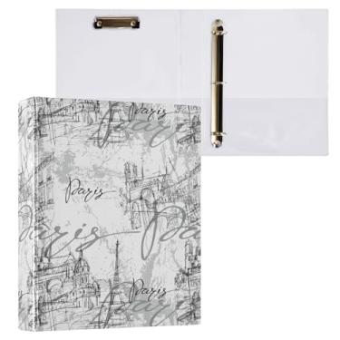 Imagem de Vuiyean Fichário retrô Paris Script com 3 anéis, fichário de 3 cm com prancheta e bolsos, pasta de arquivo grande resistente para material escolar de escritório - Comporta 200 folhas