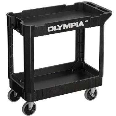 Imagem de Olympia Tools Carrinho utilitário rolante preto com 2 prateleiras – suporta até 226 kg, cabo confortável – Carrinho resistente – Ótimo para armazém, garagem, fabricação, limpeza