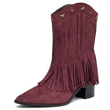 Imagem de NEWBELLA Botas femininas caubói ocidentais – Botas retrô de borla, salto grosso, para festival de música country e moda de outono, Borgonha, 35