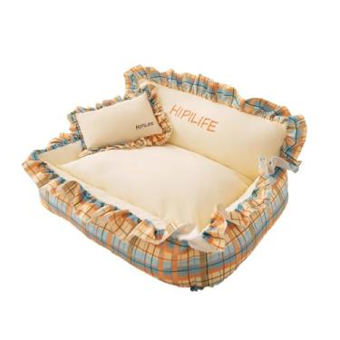 Imagem de KiBcsLic Cama para cachorro, sofá, pet lounge, macio, confortável, antiderrapante, sofá para cães e gatos com travesseiro para todas as raças, gatos de, L Yellow Plaid