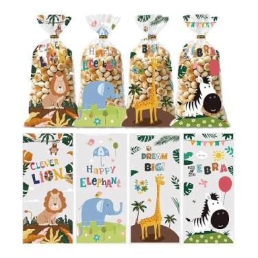 Imagem de 50 peças de sacos de guloseimas de animais da selva sacos de celofane presente selável a quente com 50 peças de laços torcidos para festa de aniversário