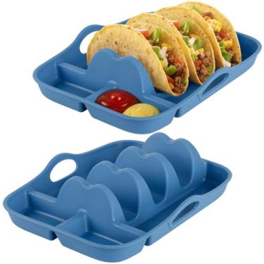 Imagem de 2 peças de placas de silicone para tacos, suporte reutilizável para placas de taco com alça para festa, bandeja de taco para conjunto de servir, seguro para forno para assar, lava-louças e micro-ondas