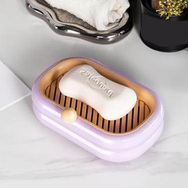 Imagem de Saboneteira nórdica montada na parede, sem necessidade de perfuração, armazenamento de banheiro, caixa de sabão suspensa com função de drenagem (roxo claro, F)