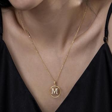Imagem de Colar de strass com inicial A-Z - Joias delicadas com pingente circular com corrente ajustável, colar de alfabeto personalizado para mulheres,, F, Aço inoxidável, Sem Pedra Preciosa