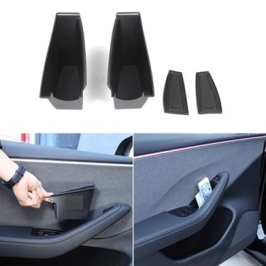Imagem de Aotumcer Para acessórios Tesla Model 3 Caixa de armazenamento lateral de porta com tapete antiderrapante embutido puxador de porta interior de carro organizador de painel preto ABS compartimento para