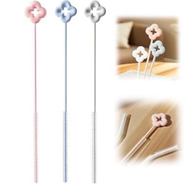 Imagem de Escova de limpeza de palha de silicone, escova de limpeza reutilizável de palha de flor extra longa, escova de garrafa para limpeza Stanley, tampa de bebida, copos de canudo de vidro (rosa, azul