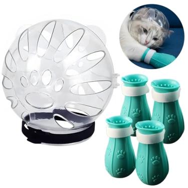 Imagem de Varku Capacete de gato, focinheira de gato, conjunto de capacetes de astronauta, 4 sapatos de pata de plástico, anti-mordida e lamber, capacete espacial respirável transparente para gatos com