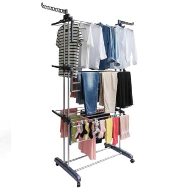 Imagem de Varal de Chão Dobrável com 3 Andares, Bandejas e Cabideiro, Cinza