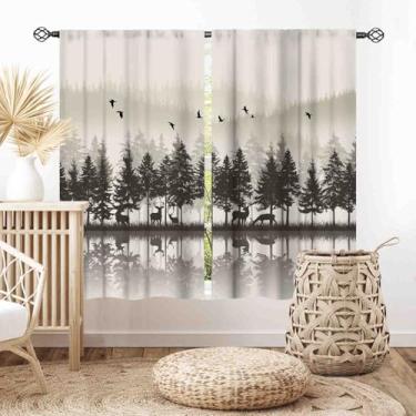 Imagem de Cortinas de veado de fazenda, retrô rústica floresta lago pinheiro, silhueta campestre cabana chalé vintage blackout cortina de janela tratamentos para cozinha, quarto, sala de estar, banheiro, 106,7